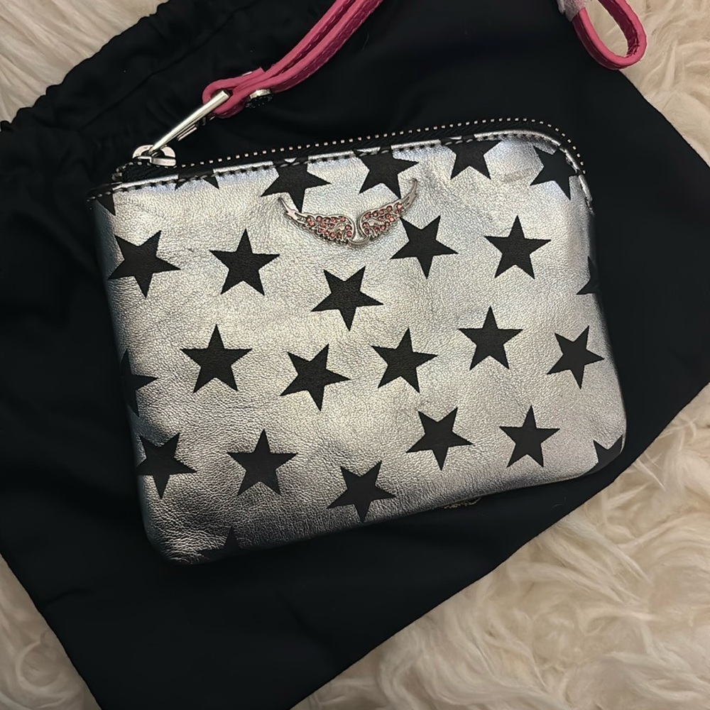 Zadig and voltaire Silver and Black Star Patterned Women's wristlet mini pouch